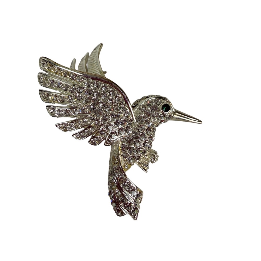 Silver Tone Rhinestone Hummingbird Brooch Pin Green Eye Crystal Bird Accessory - Picture 2 of 6